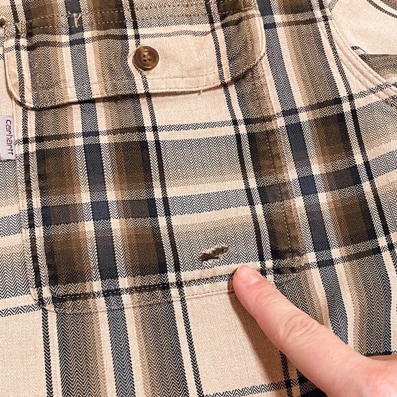 Carhartt Tartan Plaid Button Down Shirt Size XL Tall Work Brown Beige Tan Cotton - Picture 9 of 12